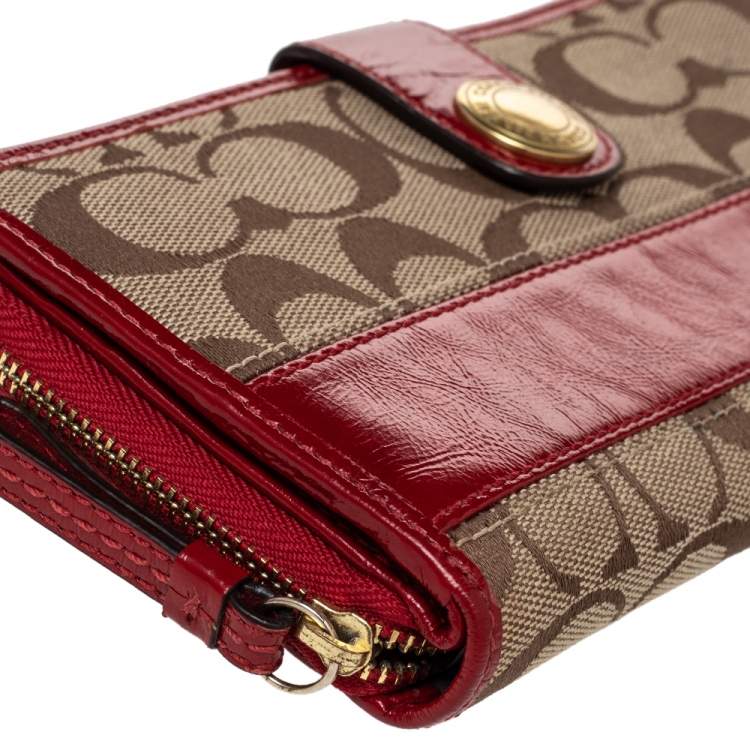 Pre Owned Coach Beige/Red Signature Canvas And Leather Clutch