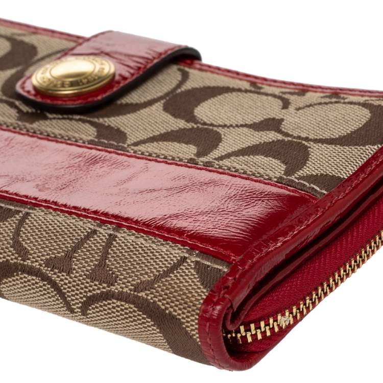 Pre Owned Coach Beige/Red Signature Canvas And Leather Clutch