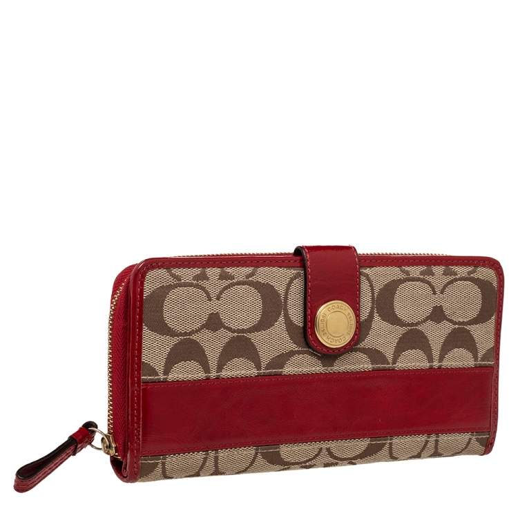 Pre Owned Coach Beige/Red Signature Canvas And Leather Clutch