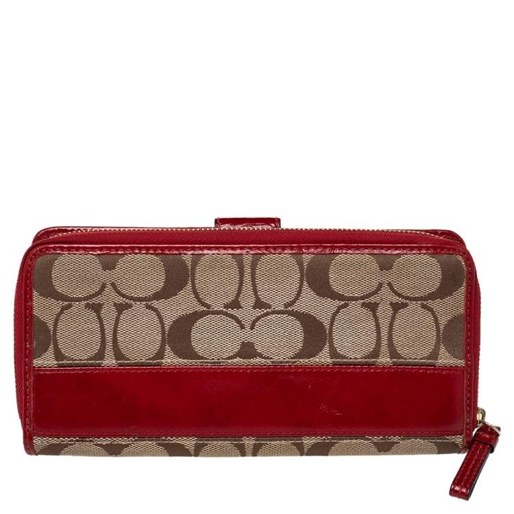 Pre Owned Coach Beige/Red Signature Canvas And Leather Clutch