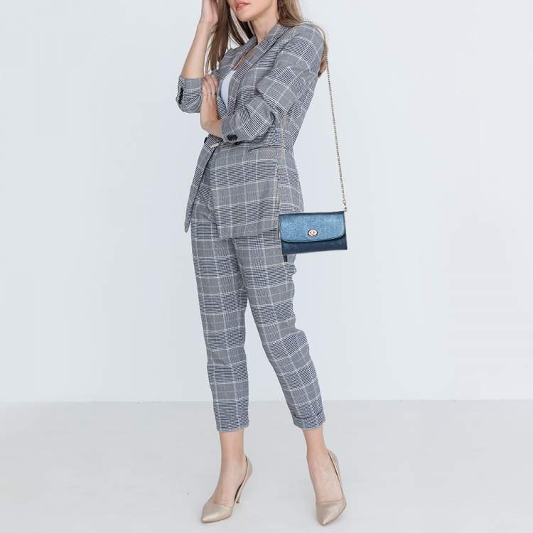 Pre Owned Coach Metallic Blue Leather Flap Chain Clutch 