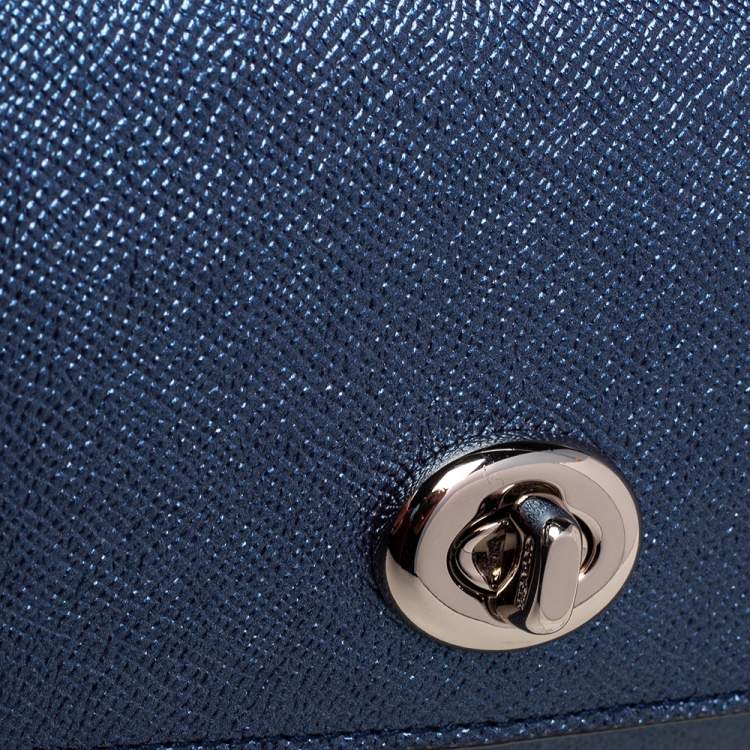Pre Owned Coach Metallic Blue Leather Flap Chain Clutch 