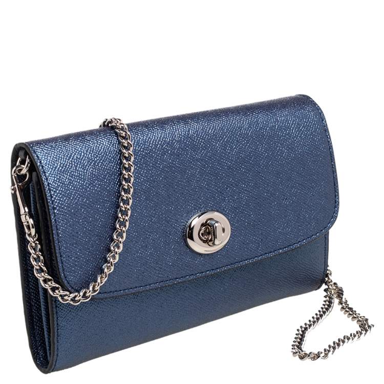 Pre Owned Coach Metallic Blue Leather Flap Chain Clutch 