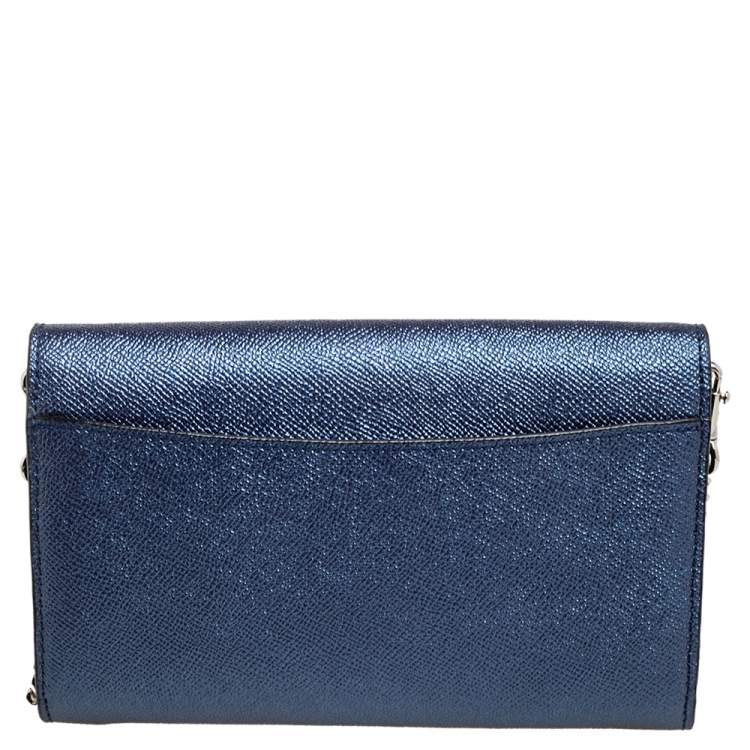Pre Owned Coach Metallic Blue Leather Flap Chain Clutch 