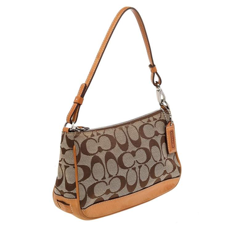 Pre Owned Coach Beige/Tan Signature Canvas And Leather Shoulder Bag