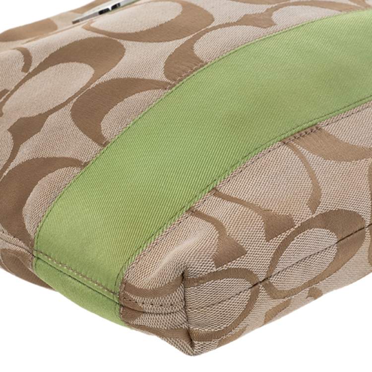 Pre Owned Coach Beige/Green Signature Canvas Stripe Messenger Bag