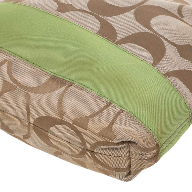 Pre Owned Coach Beige/Green Signature Canvas Stripe Messenger Bag