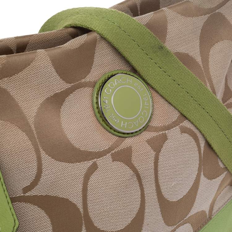 Pre Owned Coach Beige/Green Signature Canvas Stripe Messenger Bag