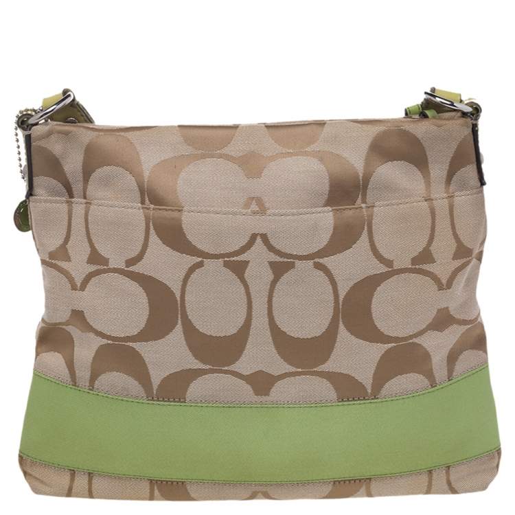 Pre Owned Coach Beige/Green Signature Canvas Stripe Messenger Bag