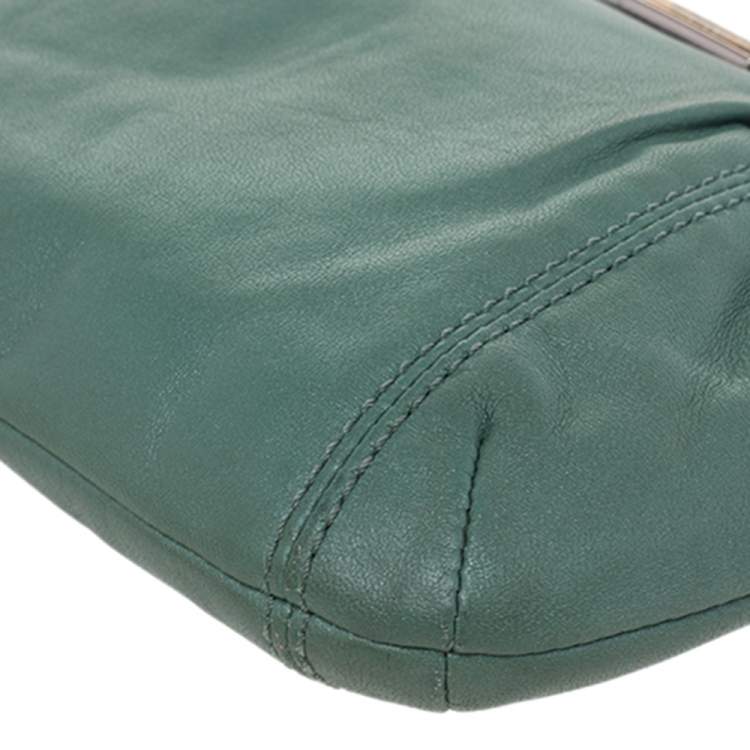 Pre Owned Coach Green Leather Wristlet Clutch