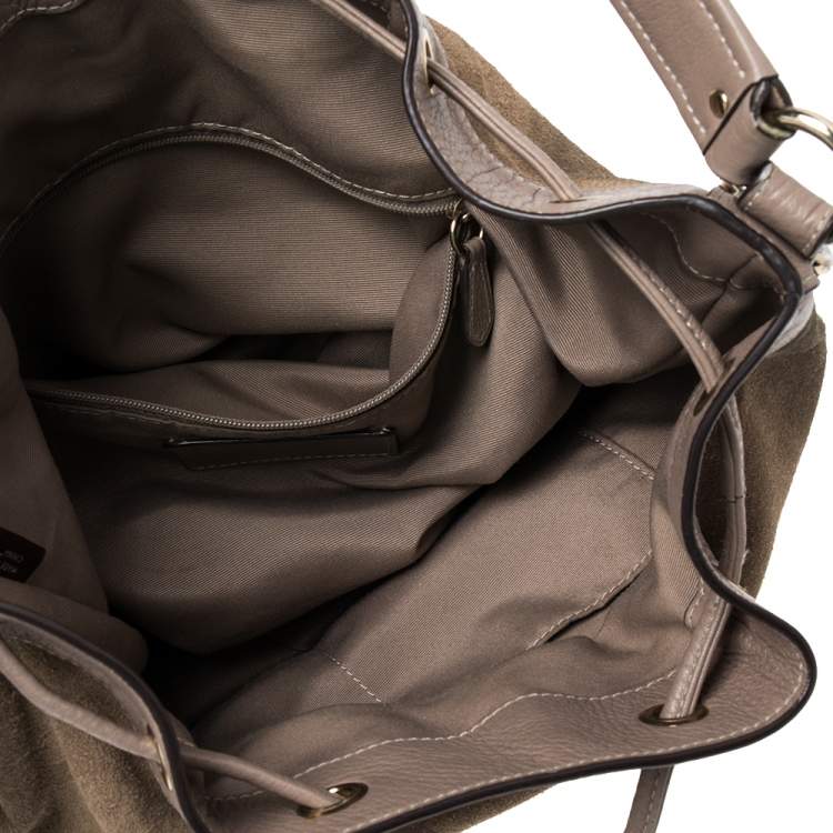 Pre Owned Coach Beige/Taupe Suede And Leather Drawstring Bucket Bag