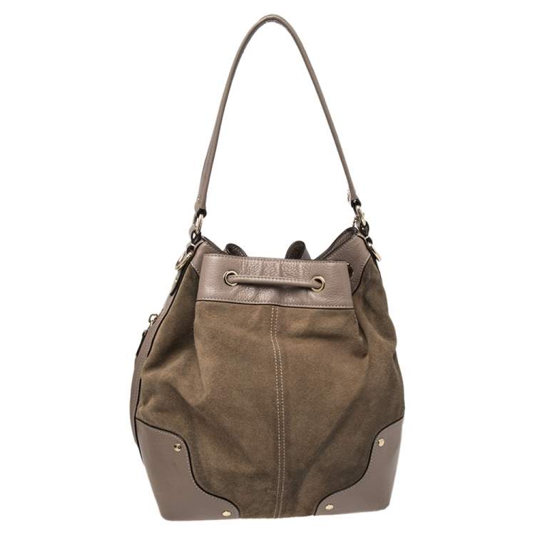 Pre Owned Coach Beige/Taupe Suede And Leather Drawstring Bucket Bag