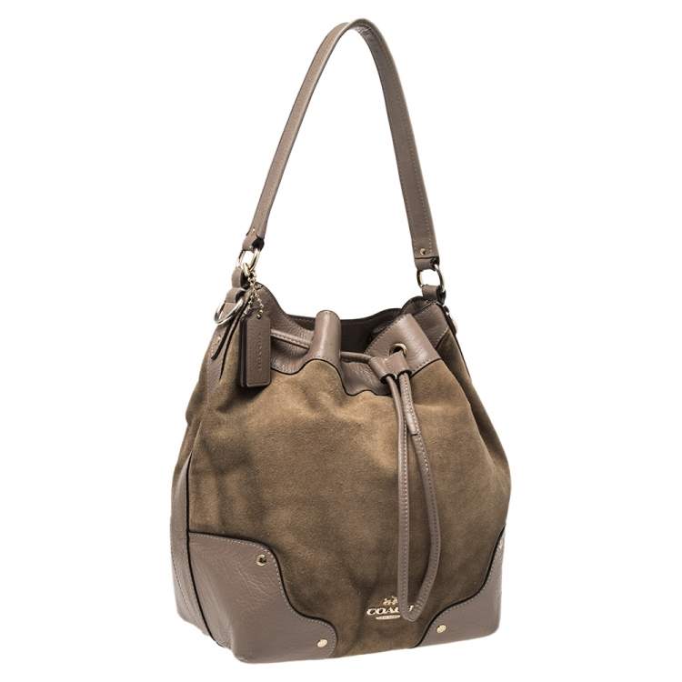 Pre Owned Coach Beige/Taupe Suede And Leather Drawstring Bucket Bag