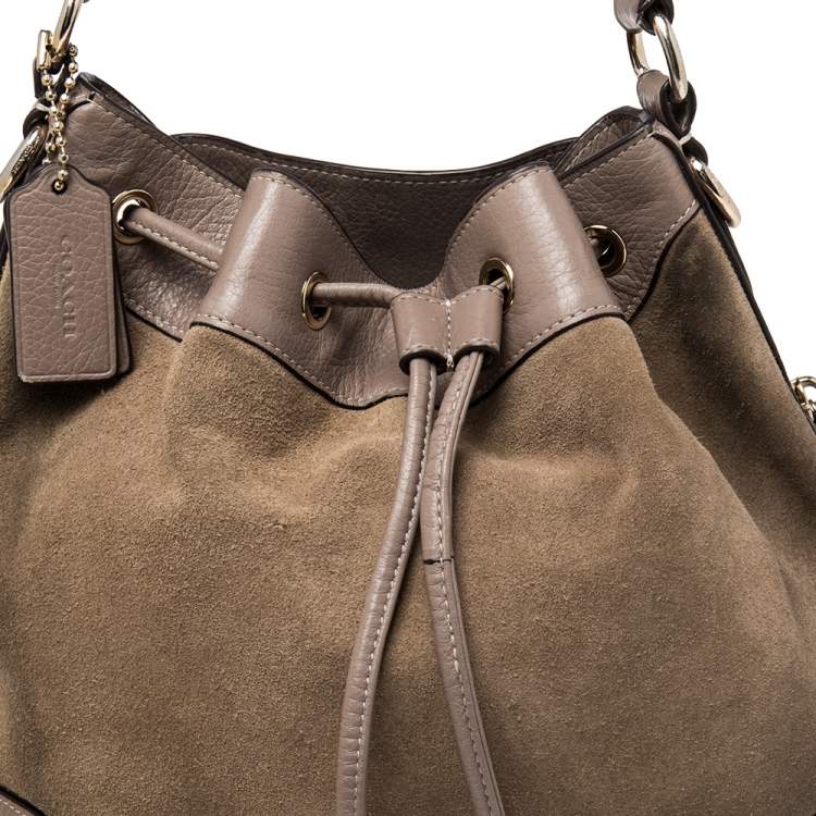 Pre Owned Coach Beige/Taupe Suede And Leather Drawstring Bucket Bag