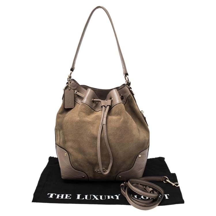 Pre Owned Coach Beige/Taupe Suede And Leather Drawstring Bucket Bag