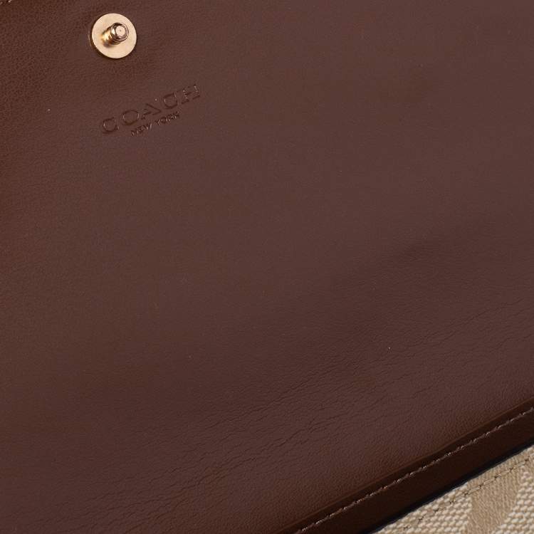 Pre Owned Coach Off White/Beige Leather And Signature Canvas Trifold Wallet