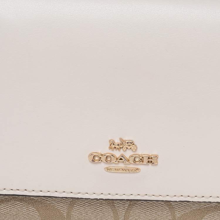 Pre Owned Coach Off White/Beige Leather And Signature Canvas Trifold Wallet