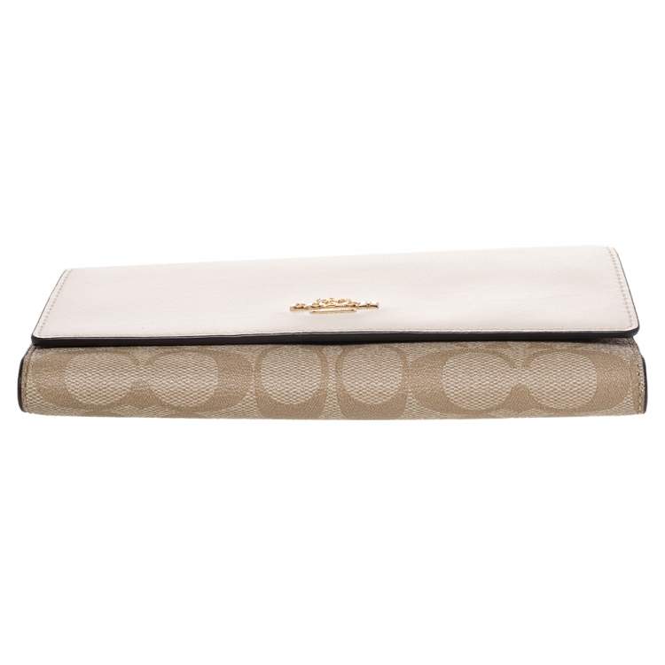 Pre Owned Coach Off White/Beige Leather And Signature Canvas Trifold Wallet