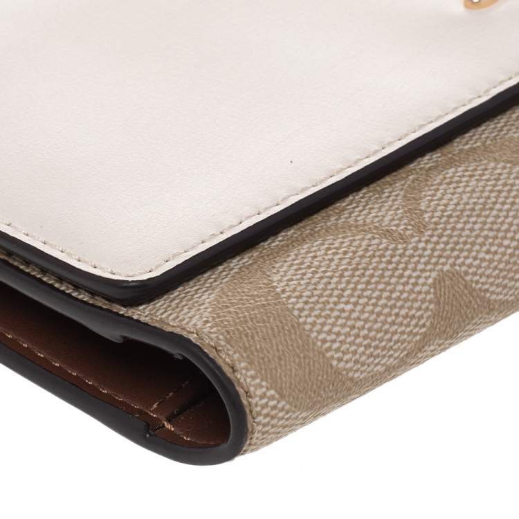 Pre Owned Coach Off White/Beige Leather And Signature Canvas Trifold Wallet