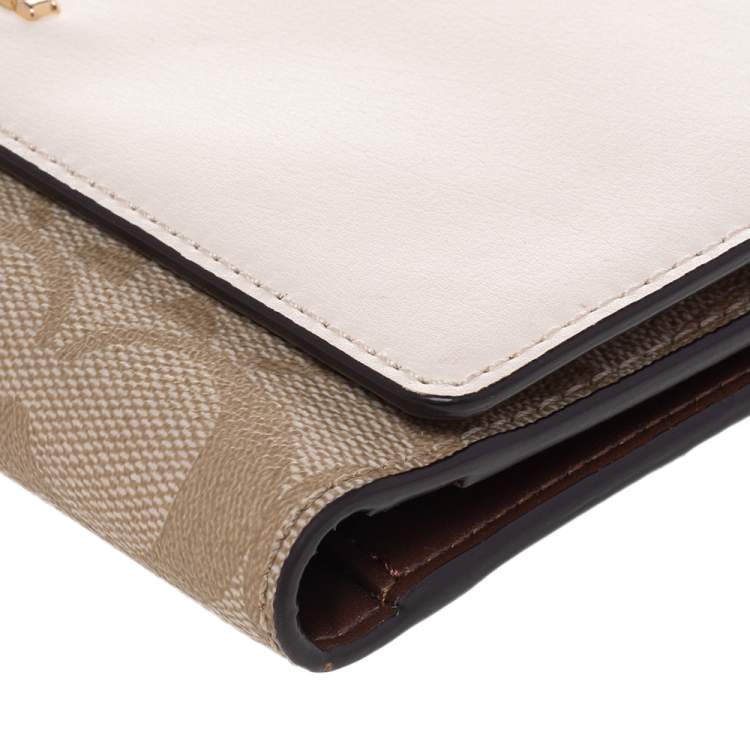 Pre Owned Coach Off White/Beige Leather And Signature Canvas Trifold Wallet