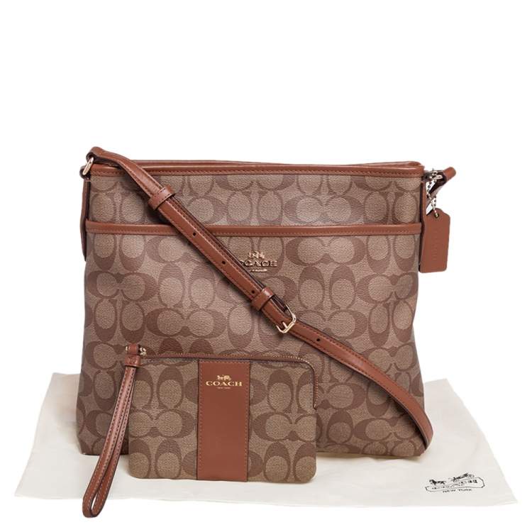Pre Owned Coach Beige/Tan Signature Coated Canvas and Leather Messenger Bag