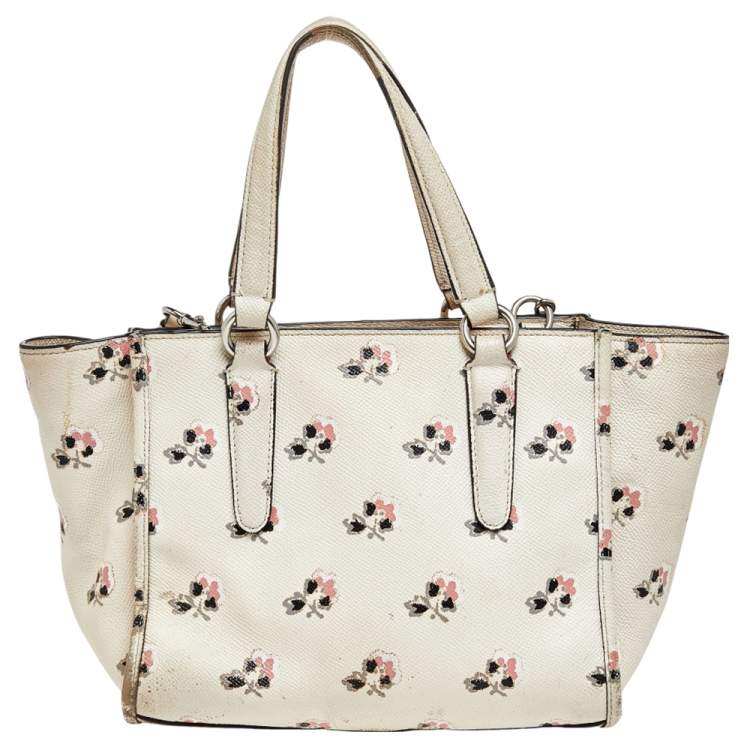 Pre Owned Coach Cream Floral Printed Leather Crosby Tote