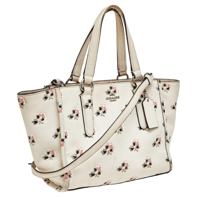 Pre Owned Coach Cream Floral Printed Leather Crosby Tote