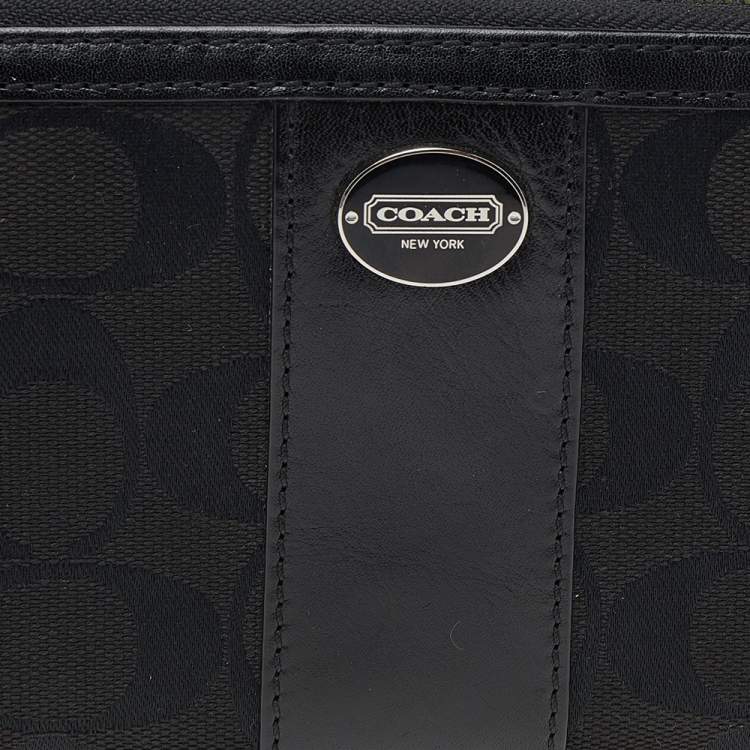 Pre Owned Coach Black Signature Canvas and Leather Zip Around Wallet