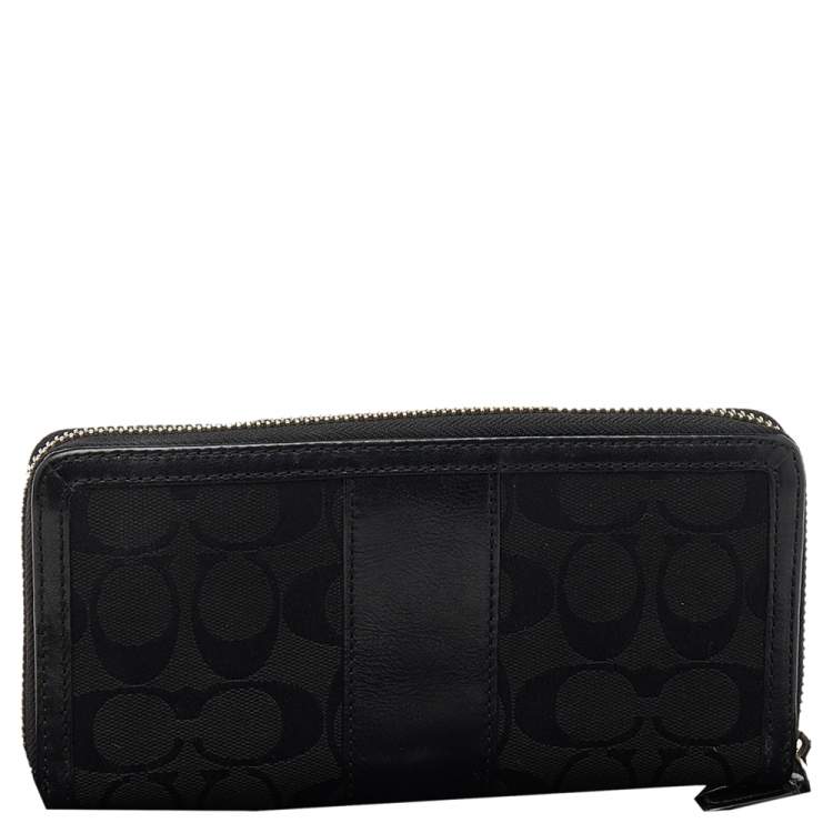 Pre Owned Coach Black Signature Canvas and Leather Zip Around Wallet