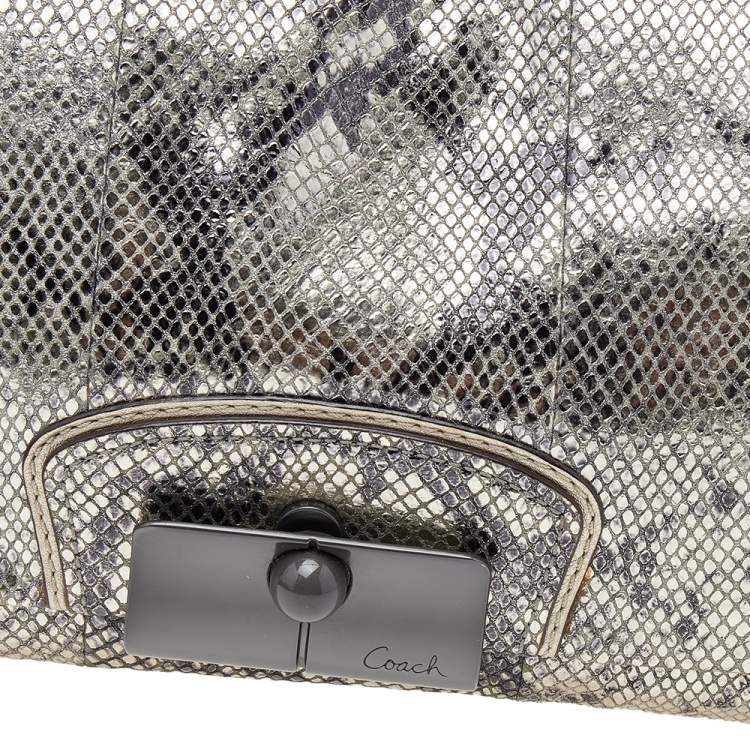 Pre Owned Coach Metallic Silver/Black Python Embossed Leather Flap Clutch