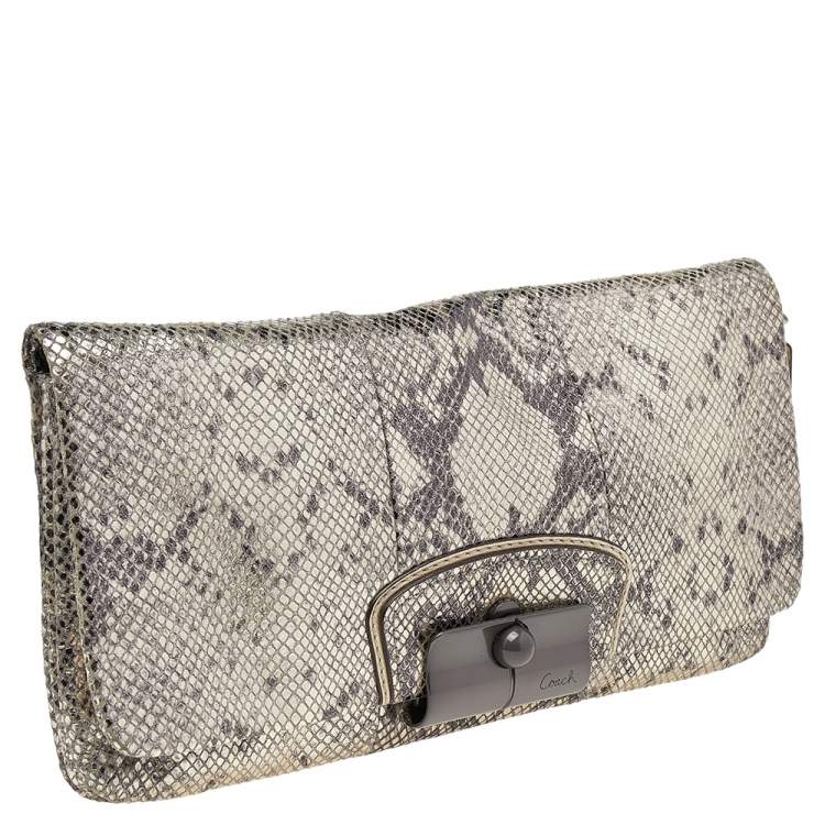 Pre Owned Coach Metallic Silver/Black Python Embossed Leather Flap Clutch