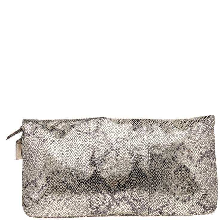Pre Owned Coach Metallic Silver/Black Python Embossed Leather Flap Clutch