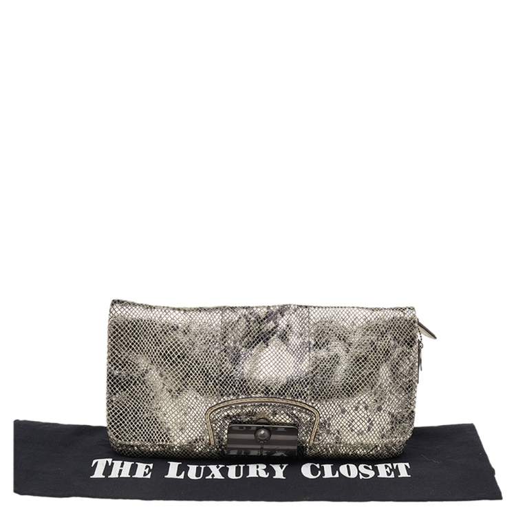 Pre Owned Coach Metallic Silver/Black Python Embossed Leather Flap Clutch