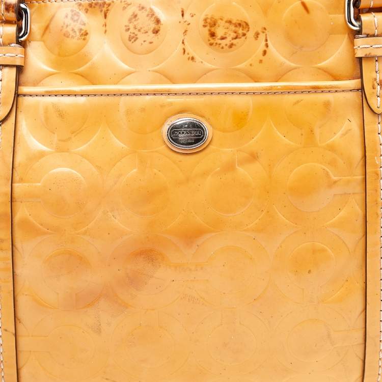 Pre Owned Coach Tan Patent Leather Peyton Op Art Double Zip Satchel