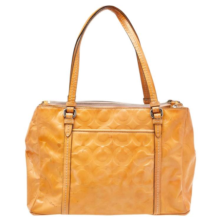 Pre Owned Coach Tan Patent Leather Peyton Op Art Double Zip Satchel