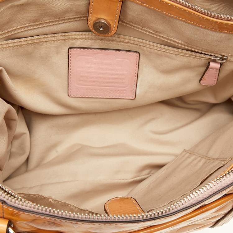 Pre Owned Coach Tan Patent Leather Peyton Op Art Double Zip Satchel