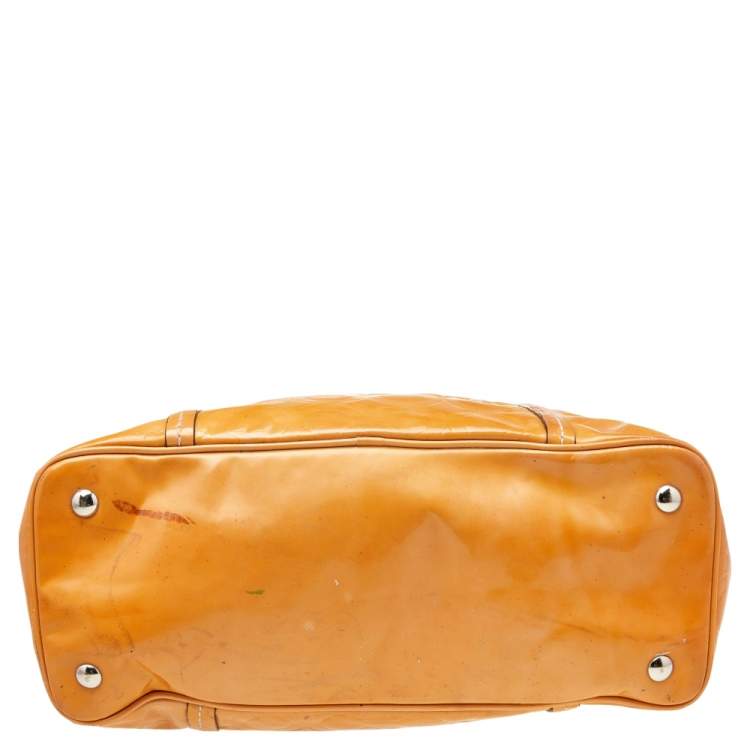 Pre Owned Coach Tan Patent Leather Peyton Op Art Double Zip Satchel