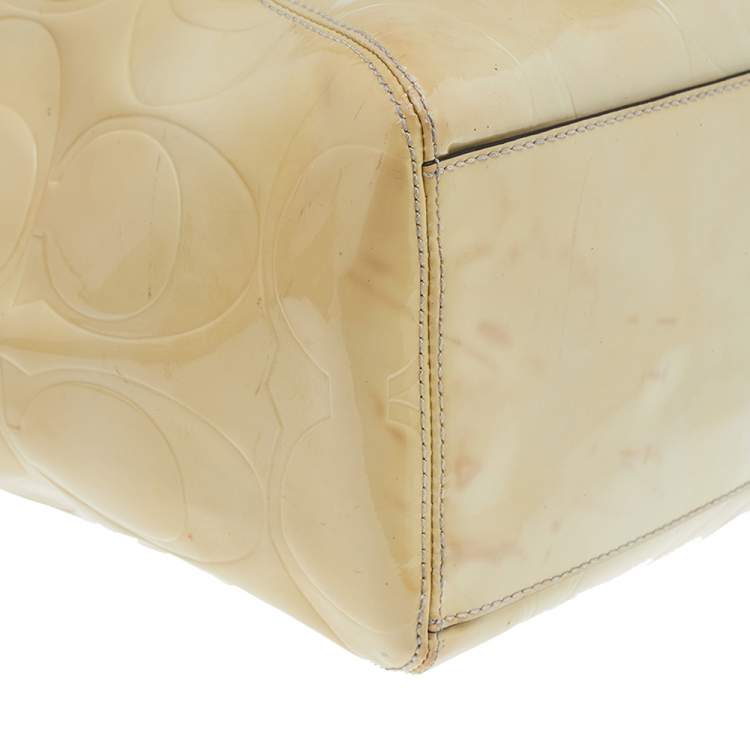 Pre Owned Coach Cream Signature Patent Leather Peyton Tote