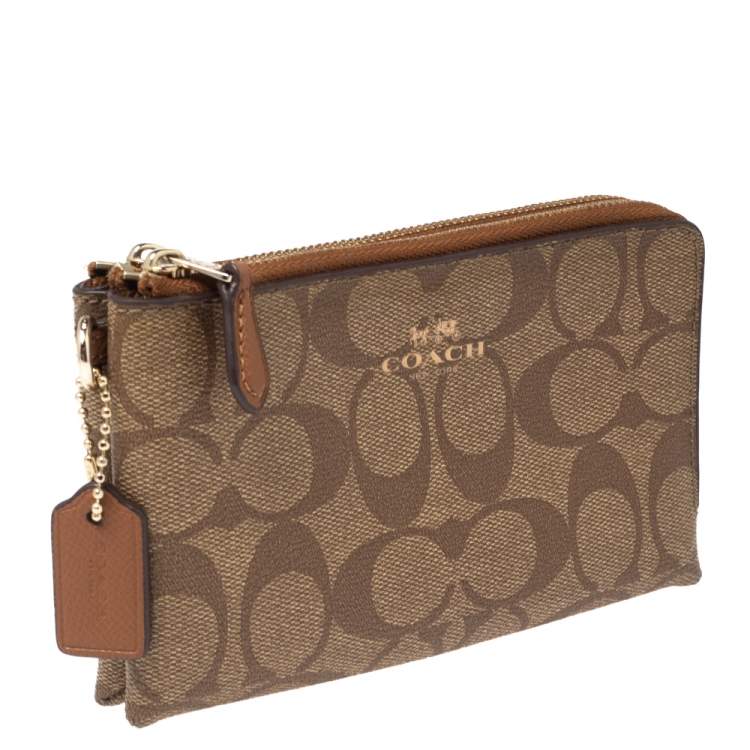 Pre Owned Coach Beige Signature Coated Canvas and Leather Double Zip Wristlet Pouch