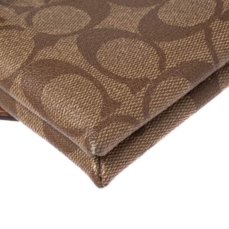 Pre Owned Coach Beige Signature Coated Canvas and Leather Double Zip Wristlet Pouch