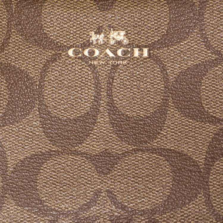 Pre Owned Coach Beige Signature Coated Canvas and Leather Double Zip Wristlet Pouch