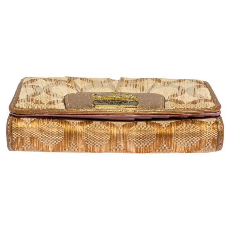 Pre Owned Coach Gold Ombre Signature Op Art Canvas And Leather Compact Wallet
