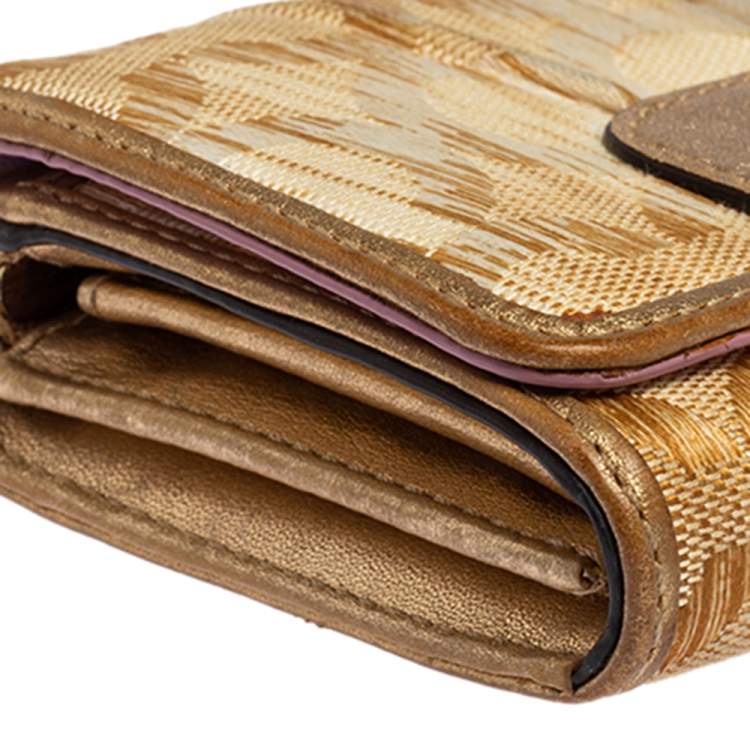 Pre Owned Coach Gold Ombre Signature Op Art Canvas And Leather Compact Wallet