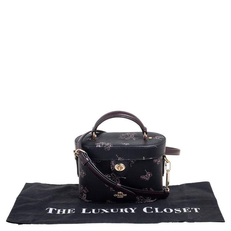 Pre Owned Coach Black Floral Print Leather Vanity Crossbody Bag