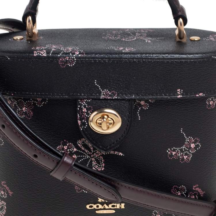 Pre Owned Coach Black Floral Print Leather Vanity Crossbody Bag