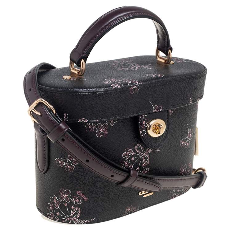 Pre Owned Coach Black Floral Print Leather Vanity Crossbody Bag