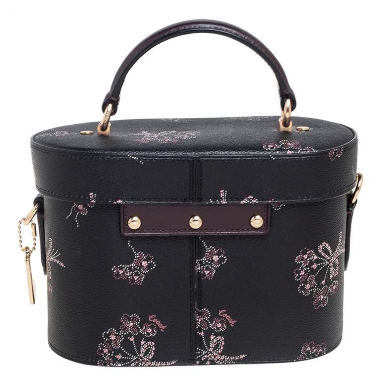 Pre Owned Coach Black Floral Print Leather Vanity Crossbody Bag
