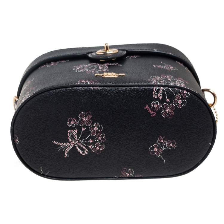 Pre Owned Coach Black Floral Print Leather Vanity Crossbody Bag
