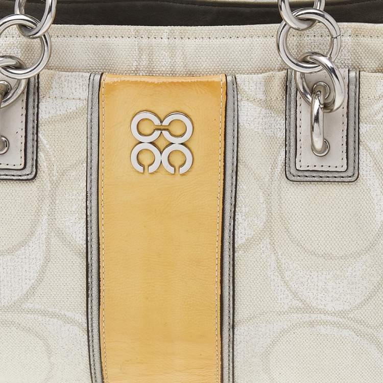 Pre Owned Coach White/Yellow Canvas And Patent Leather Satchel