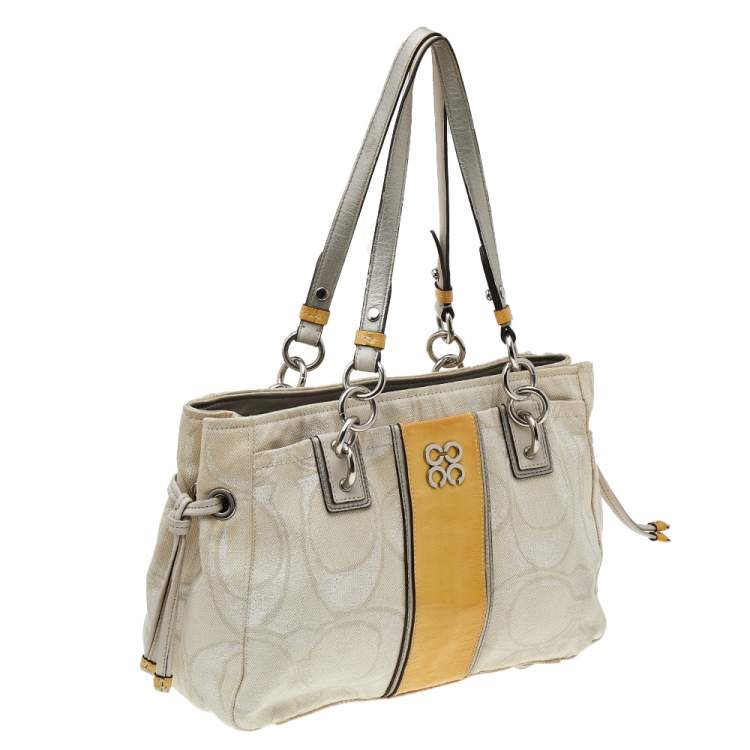 Pre Owned Coach White/Yellow Canvas And Patent Leather Satchel